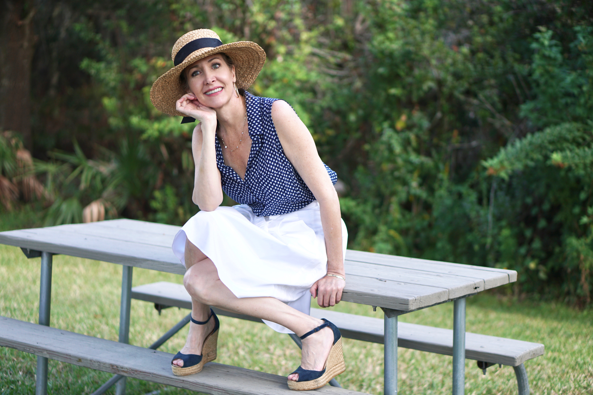 NINA ANDERS, WWW.SHARINGAJOURNEY.COM shares HER thoughts about Turning 58 Years Old. WEARING STRAW HAT, NAVY SHIRT AND WHITE SKIRT