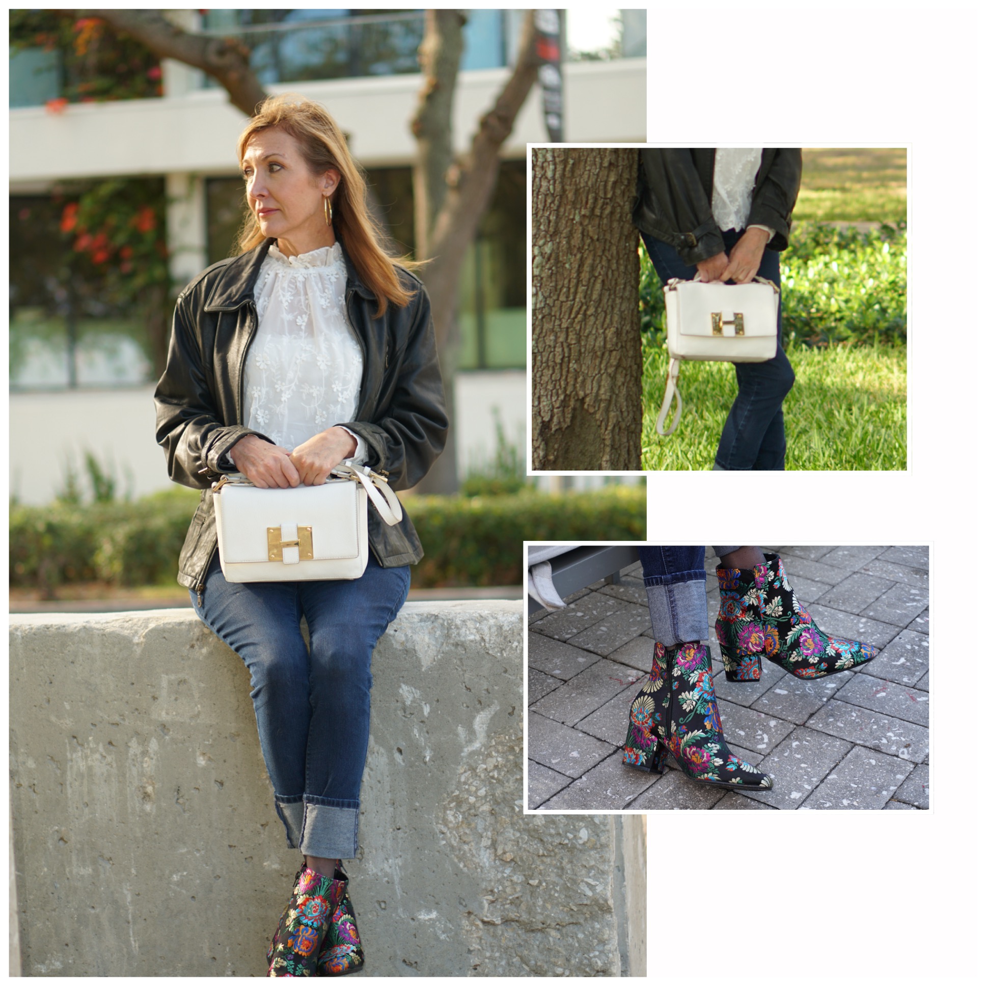 collage of woman wearing white lace shirt and leather jacket and floral high heel boots