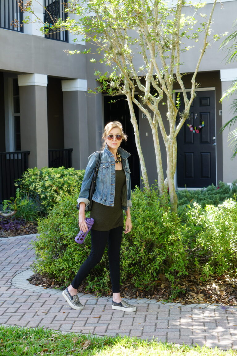 How to Wear Workout Clothes in Public, styling tips featured by top Tampo over 50 fashion blog, Sharing A Journey: Nina from Sharing a journey.com wearing a denim jacket and leggings