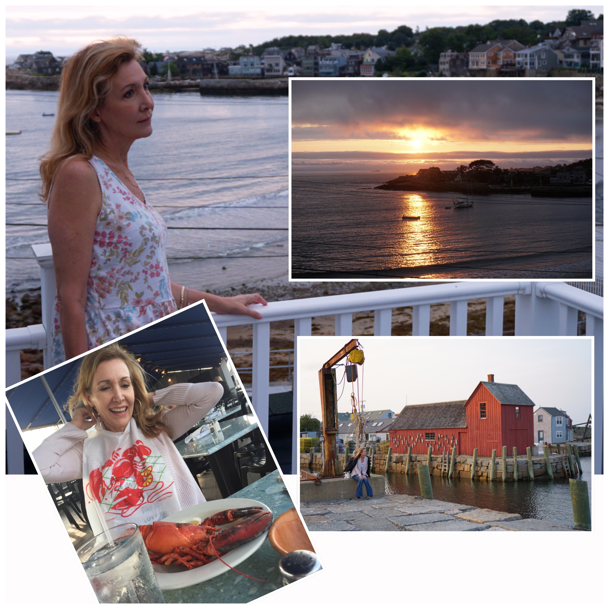 celebrate collage of sharing a journey standing near the ocean, eating lobster and ocean sunset