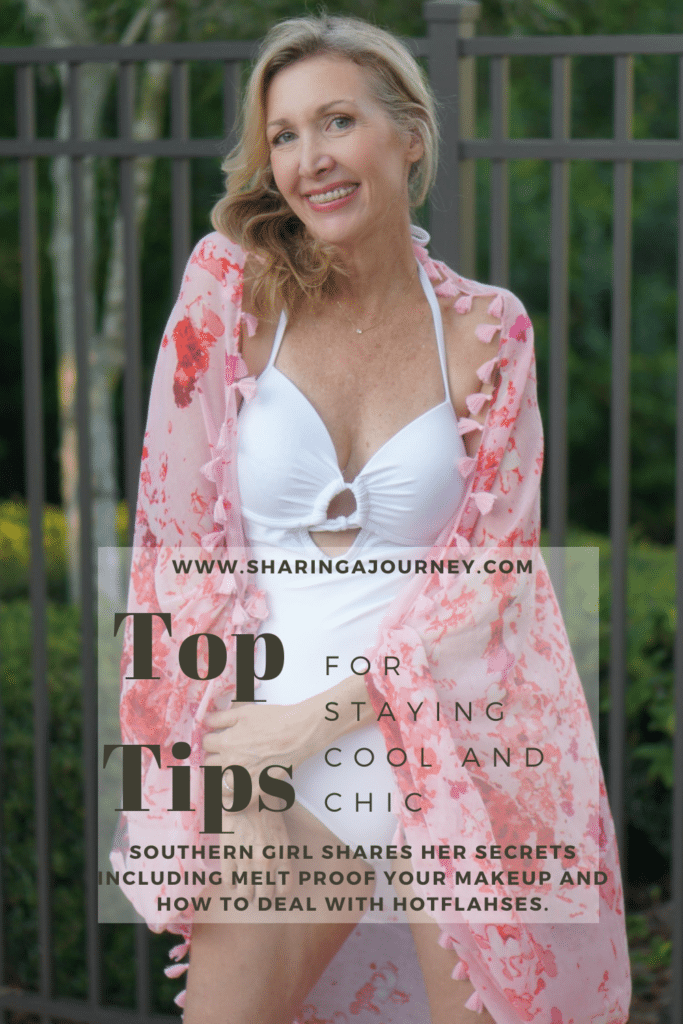 Beat the Heat by popular Florida life and style blog, Sharing a Journey: Pinterest image of a woman wearing a white swimsuit and pink and red tassel coverup. 
