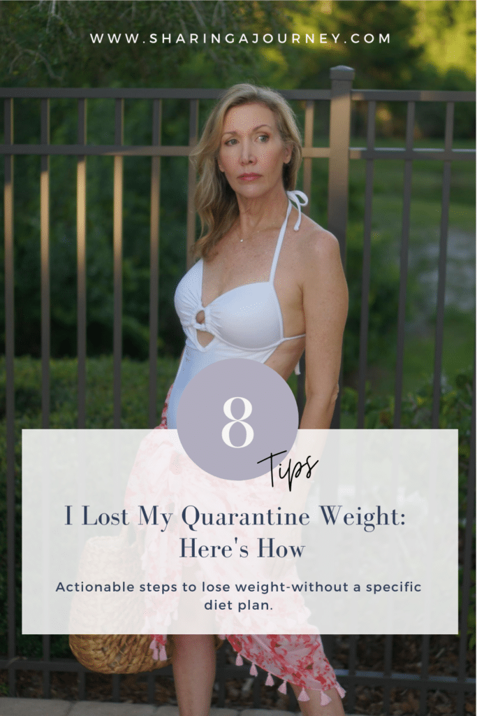 How to Lose Weight Over 50 by popular Florida mature lifestyle blog, Sharing a Journey: Pinterest image of a mature woman wearing a white swimming suit, pink and red tassel wrap, and carrying a straw bag. 