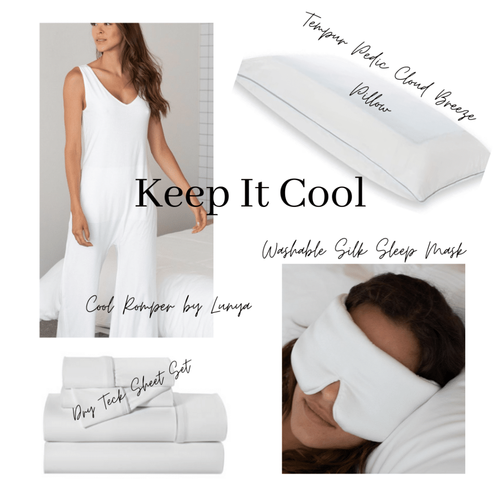 Sharing a Journey by popular Florida mature lifestyle blog, Sharing a Journey: collage image of a Tempur Pedic cloud breeze pillow, Lunya cool romper, Washable silk sleep mask, and Dry Teck sheet set. 