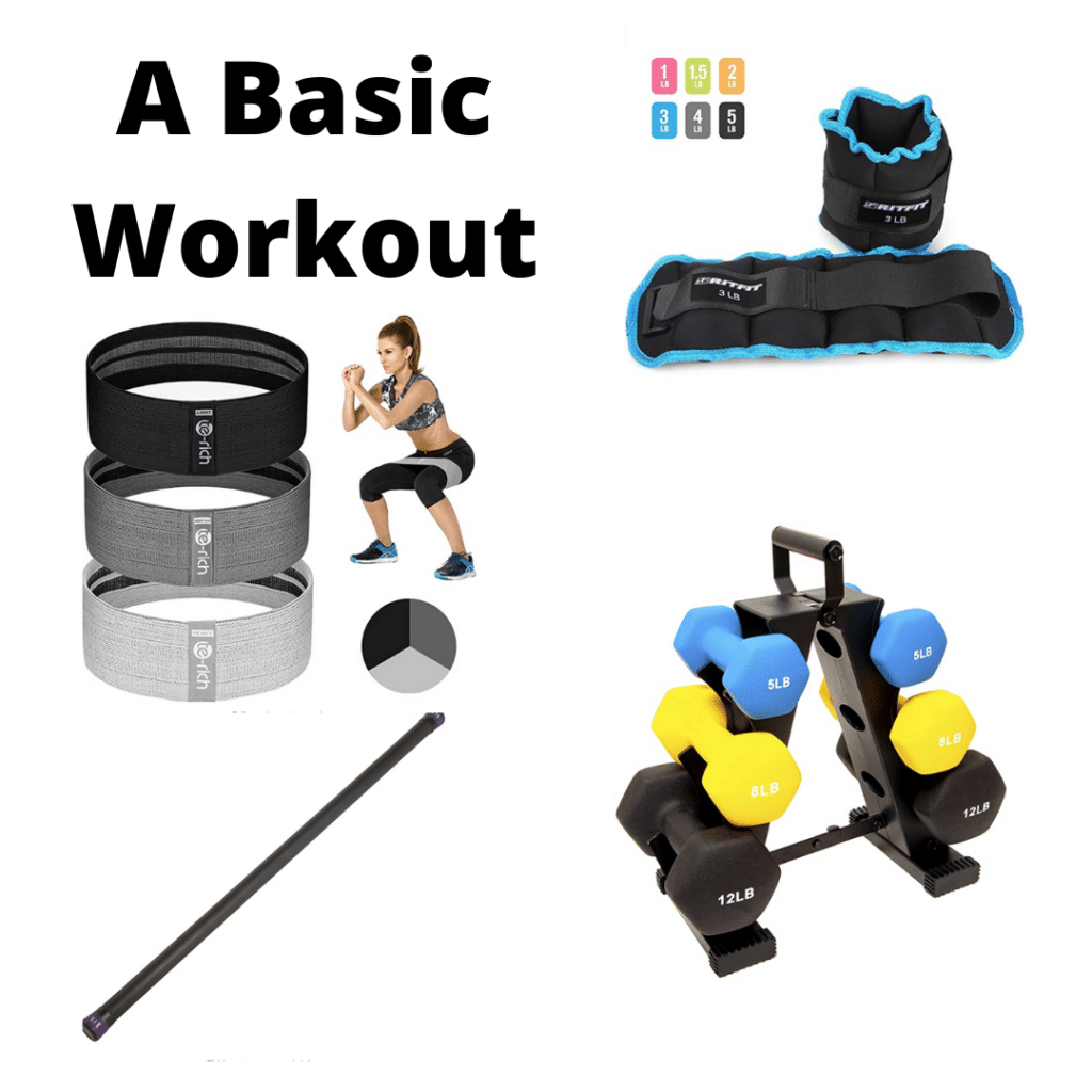 Best At Home Workout Equipment by popular Florida lifestyle blog, Sharing a Journey: image of a set of dumbells, body bar, and resistance bands.