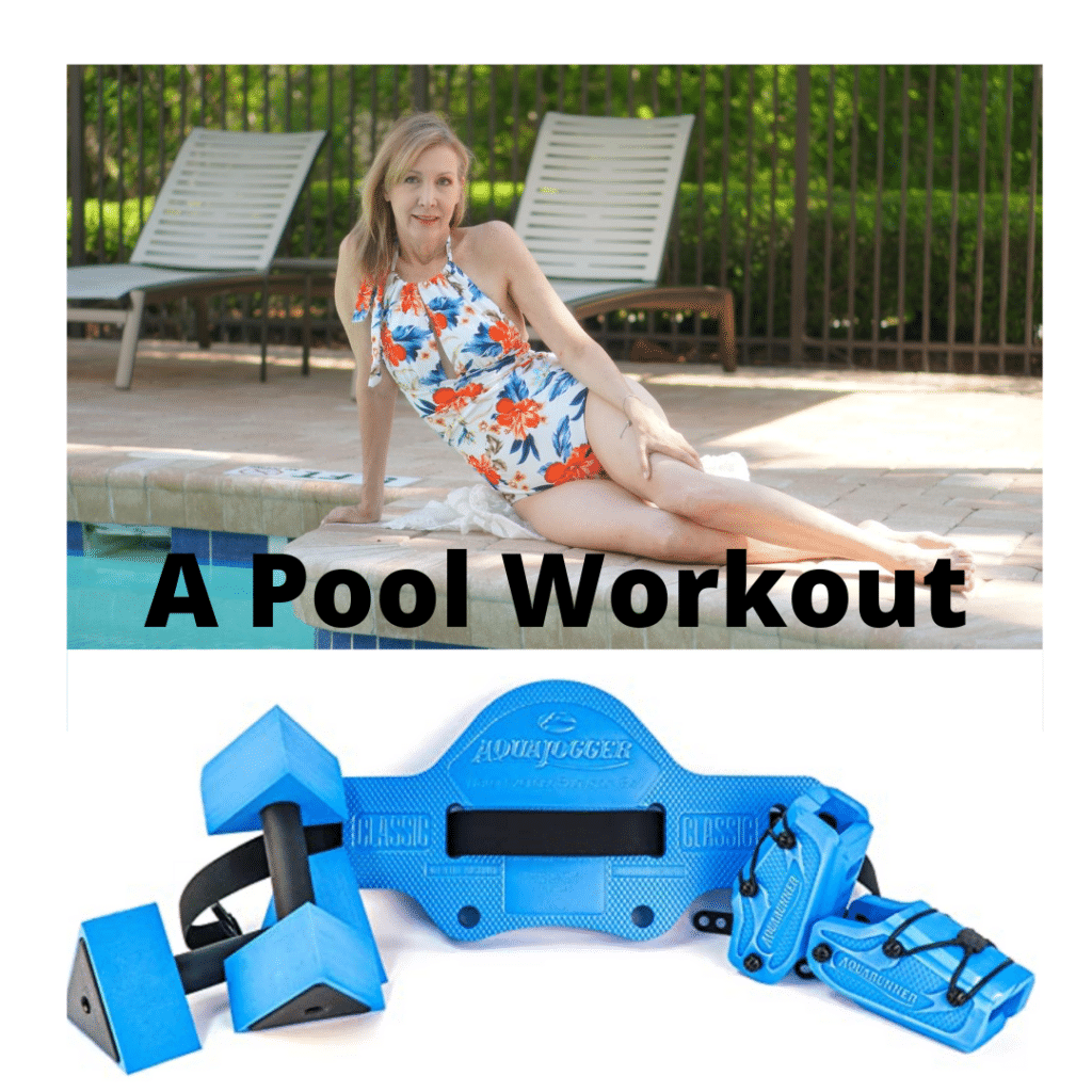 Best At Home Workout Equipment by popular Florida lifestyle blog, Sharing a Journey: image of a woman sitting next to the edge of a pool and a pair water weights. 