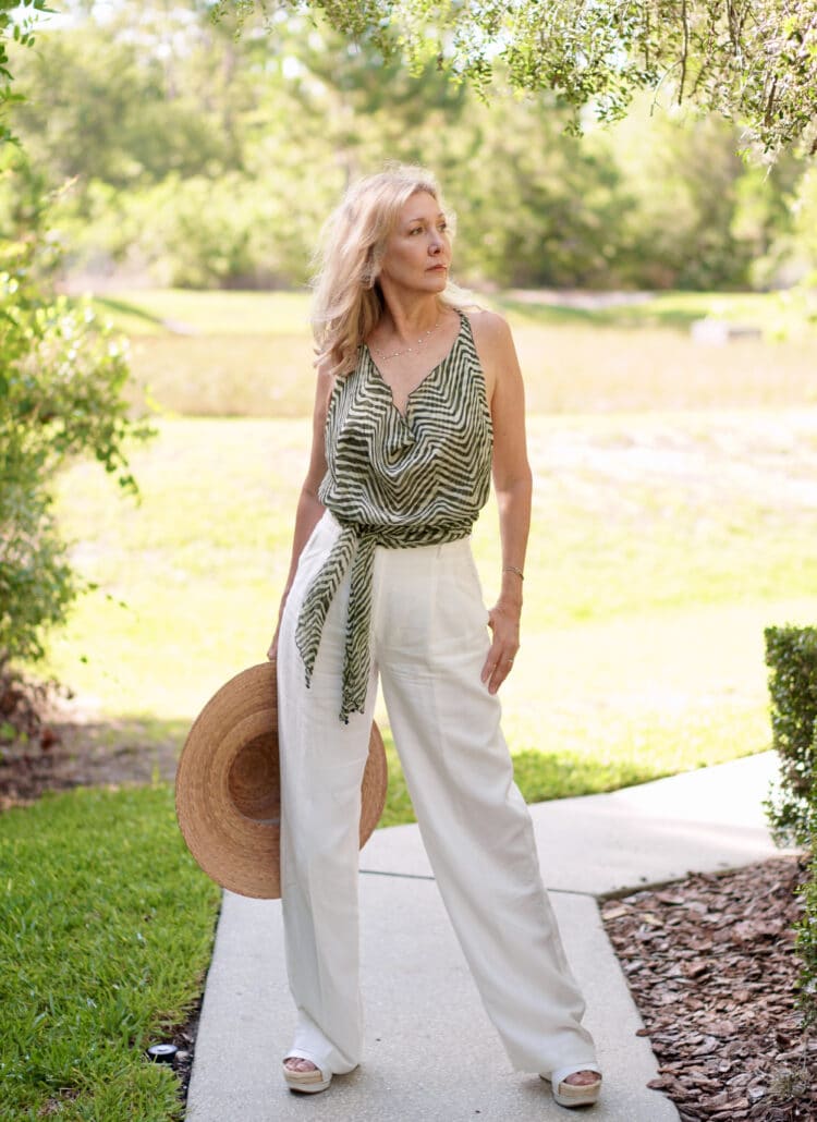 Nina from Sharing A Journey styles white pants. beautiful women over 50
