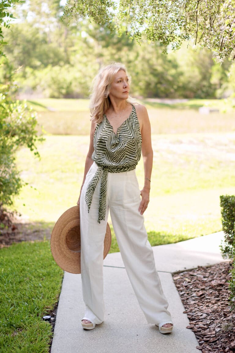 Nina from Sharing A Journey styles white pants. beautiful women over 50