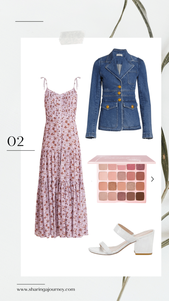 Collage with pretty dress, denim jacket  eye shadow and shoes