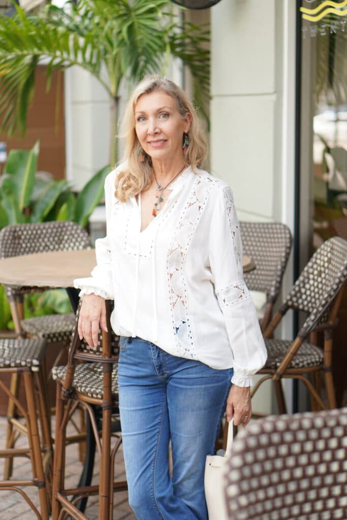 Nina from Sharing A Journey wears modern classic top from Reins-stylish women over 50