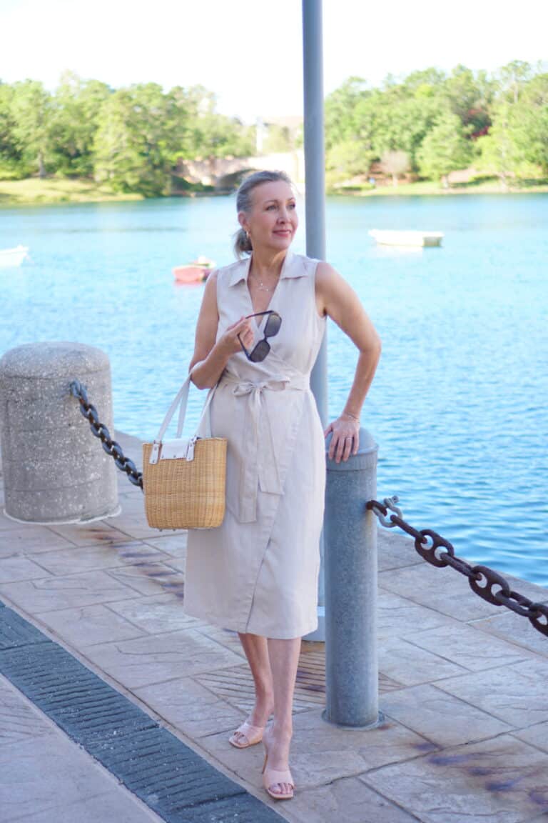 Nina anders wearing tan wrap dress