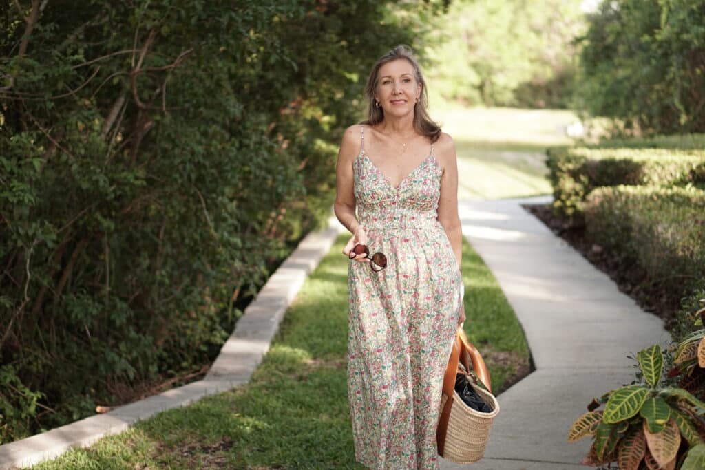 Nina Anders, over 50 fashion icon, wears J.Crew and Liberty Print summer dress