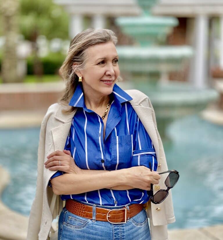 Nina Anders from sharingajourney.com wears blue and white striped shirt by J.Crew and sweater blazer by St. John