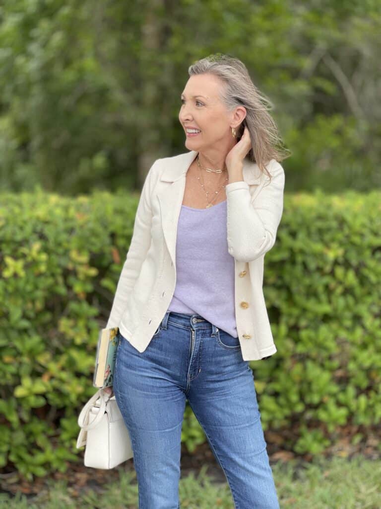 Nina Anders top over 50 fashion blogger wears sweater blazer and cashmere tank top