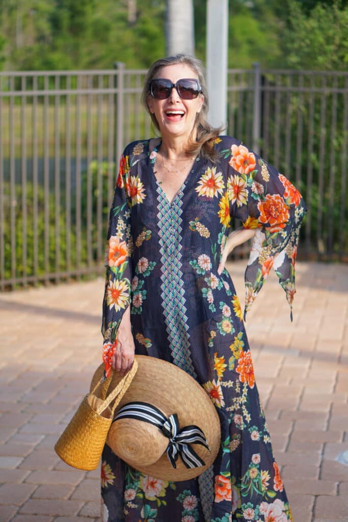 Nina Anders from Sharing A Journey wears Johnny Was caftan 