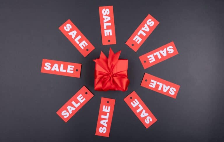 black and red sale flat lay