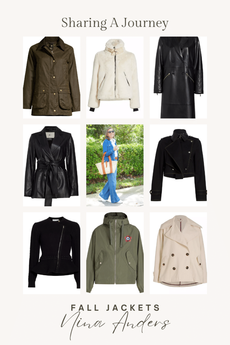 Pinterest pin featuring 8 fall jackets in cream, black and khaki