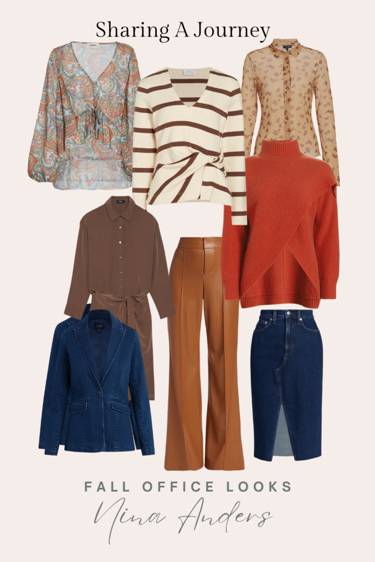 Pinterest pin featuring three fall tops, a pair of trousers, denim skirt and jacket