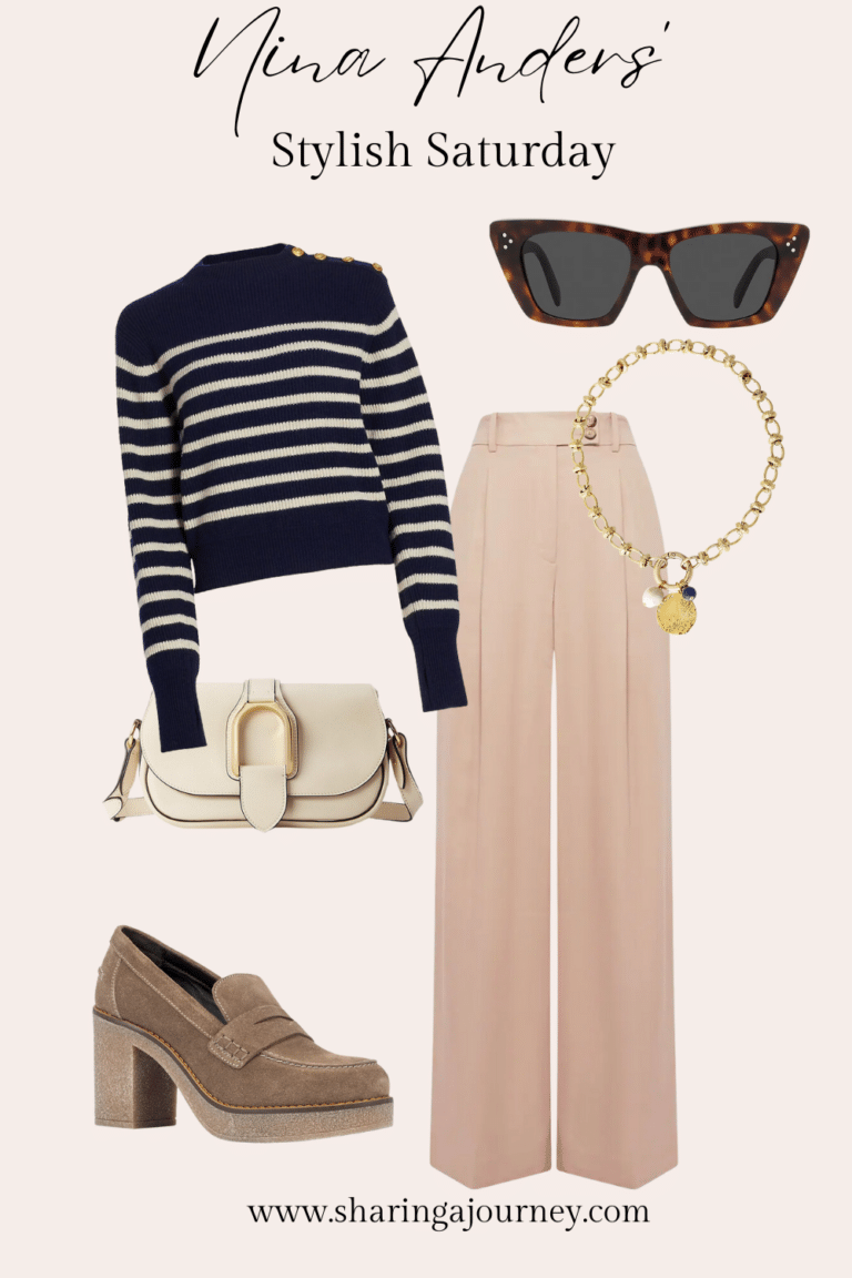 Pintest pin featuring black striped sweater, tan trousers, loafers, hand bag, sunglasses and necklace