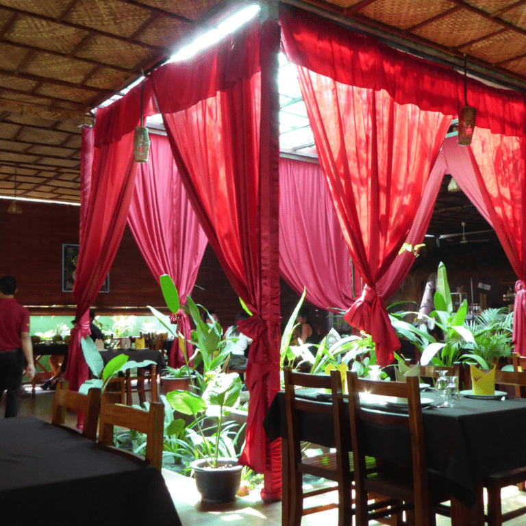 red tented dining space